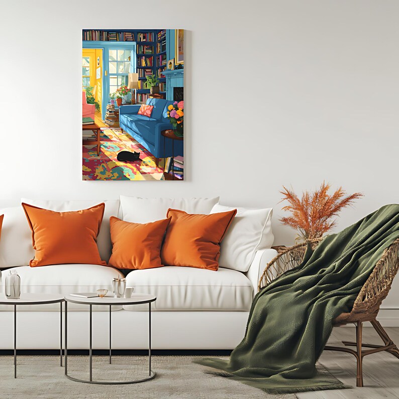 May include: A colorful painting depicts a cozy living room scene. A blue sofa sits in front of a bookshelf, with a black cat on the rug. Orange throw pillows and a green blanket add warmth. The painting is displayed above a white sofa with orange pillows.