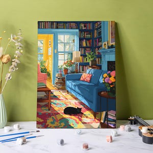 May include: A colorful painting of a cozy living room scene. A blue sofa with a patterned pillow sits in front of a bookshelf. A black cat rests on a vibrant rug. The room is filled with books, flowers, and natural light.