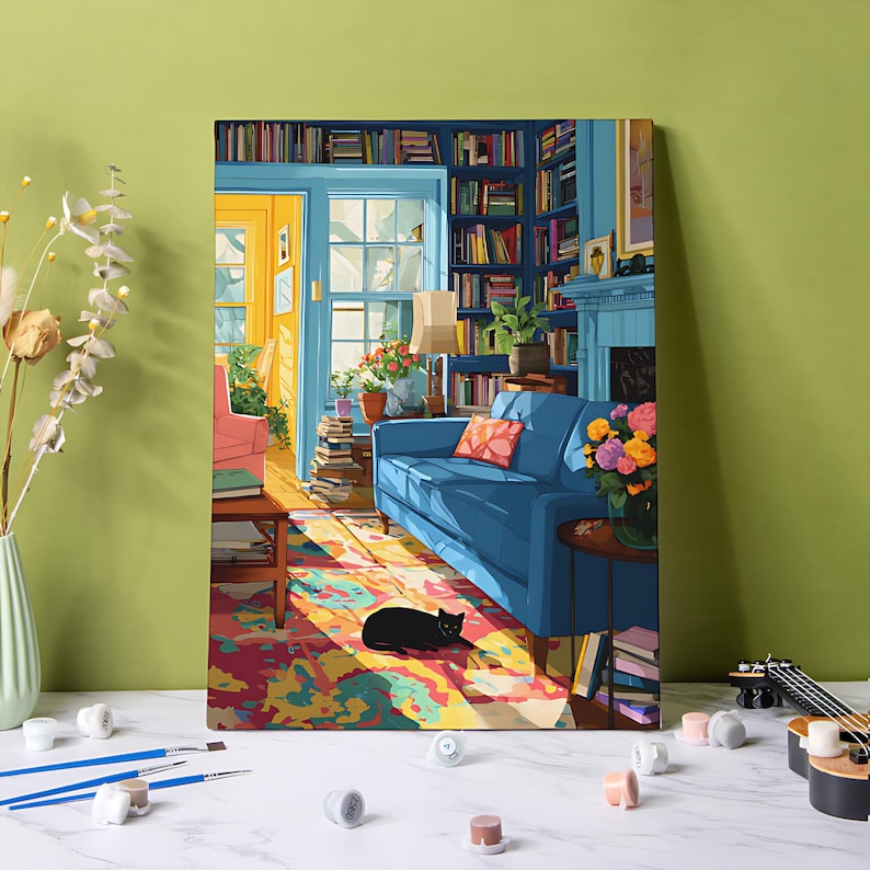 May include: A colorful painting of a cozy living room scene. A blue sofa with a patterned pillow sits in front of a bookshelf. A black cat rests on a vibrant rug. The room is filled with books, flowers, and natural light.