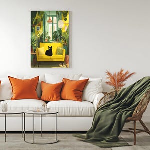 May include: A vibrant painting depicts a black cat lounging on a yellow sofa in a sunlit room filled with plants. The artwork features a bright color palette with orange and green accents, creating a cozy and inviting atmosphere. The painting is displayed above a white sofa with orange pillows.