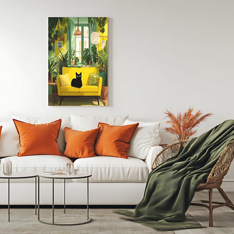 May include: A vibrant painting depicts a black cat lounging on a yellow sofa in a sunlit room filled with plants. The artwork features a bright color palette with orange and green accents, creating a cozy and inviting atmosphere. The painting is displayed above a white sofa with orange pillows.