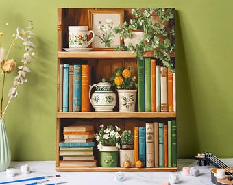 Bookshelf Still Life Paint by Numbers, Library DIY Painting Kit on Canvas, 24 Colors Acrylic Painting Crafts for Adult Beginner Friendly Art