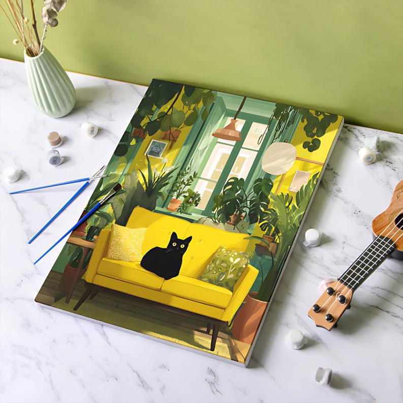 May include: A paint-by-numbers kit featuring a vibrant illustration of a yellow sofa with a black cat, surrounded by lush greenery. The scene is set in a sunlit room, with paintbrushes and paint pots nearby.