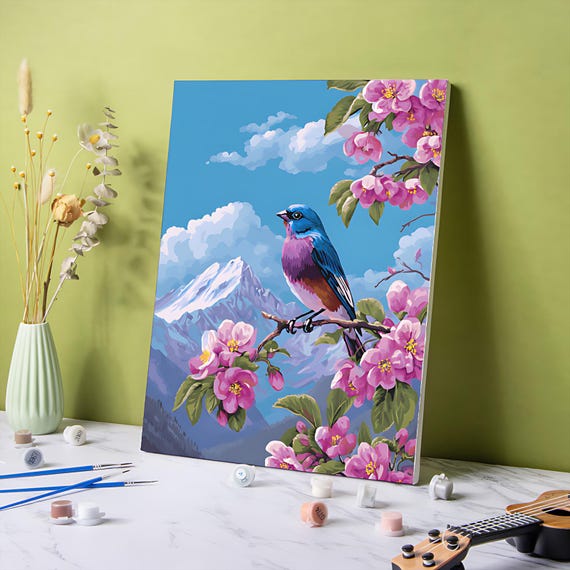Mountain Bird Cherry Blossom Paint by Numbers Kit: DIY Acrylic