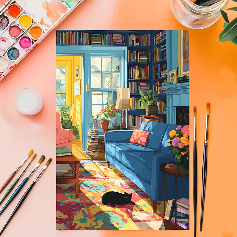 May include: A colorful illustration of a cozy living room with a blue sofa, bookshelves, and a black cat. Paintbrushes, a palette of paints, and a jar of water are in the foreground, suggesting an artist's workspace.