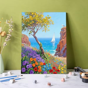Beautiful Seaside Paint by Numbers Kit, Vibrant Flower Decor Paint by Number, Minimalist DIY Wall Art, Handmade Gift, Beginner Painting Kits