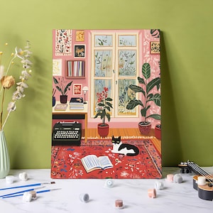 Kit de peinture à numéros de chat : peinture acrylique DIY florale printanière, décoration d&#39;intérieur