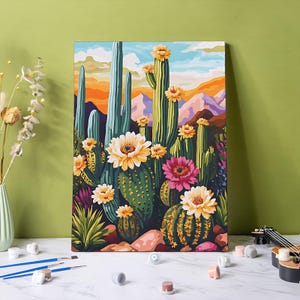 Kit de pintura por números de flores de cactus: Paisaje desértico: Pintura acrílica DIY