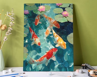 Koi Fish Pond Paint by Numbers, Lotus Flower DIY Art Kit, Calming Teal Water Landscape Canvas Decor, Beginner Friendly Crafts for Adult Gift