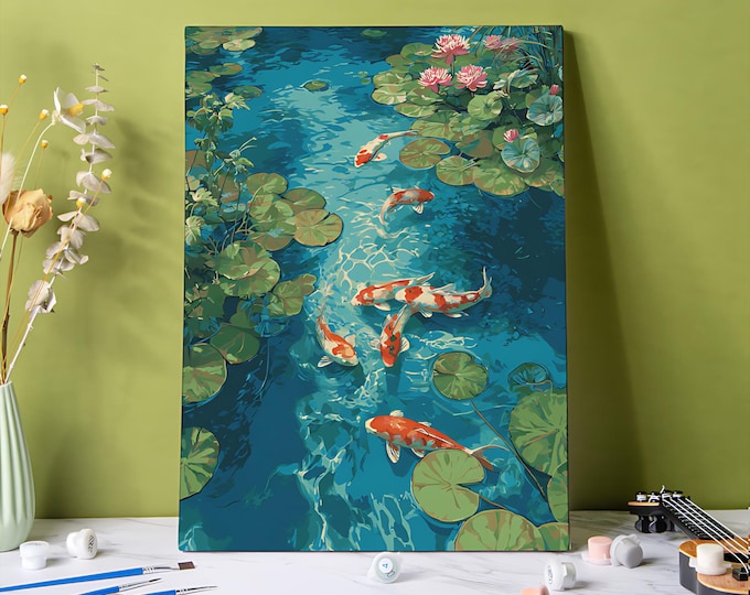 Koi Fish Paint By Numbers Kit: Lotus Pond DIY Acrylic Painting on Canvas, Beginner Friendly Paint By Number Kit Gift