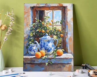 Quaint Windowsill Paint by Numbers Kit: Orange Branches DIY Acrylic Painting