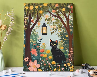 Black Cat Blooming Flowers Paint by Numbers Kit: Garden Guardian Canvas Art