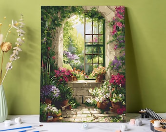 Spring Garden Paint by Number Kit, Floral Window Landscape Acrylic Painting Wall Art