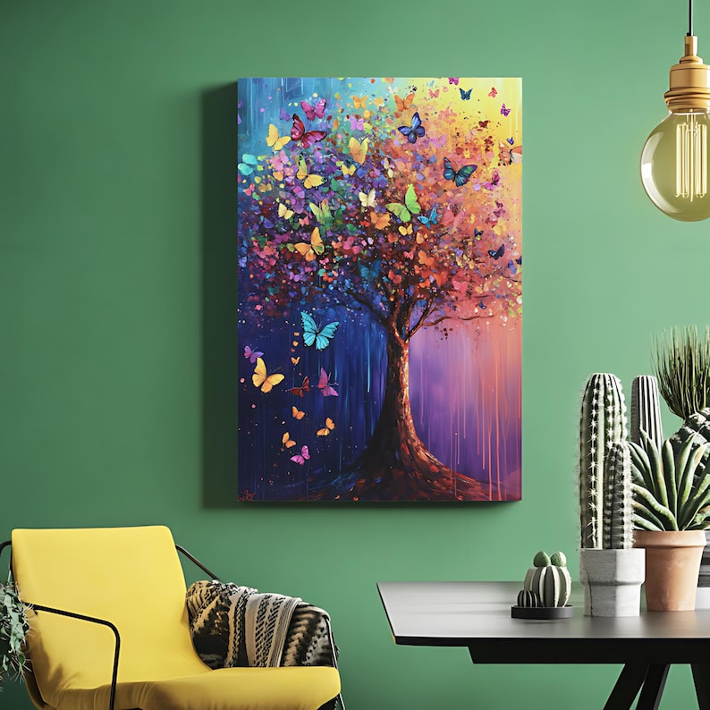 K&ouml;nnte beinhalten: Ein lebendiger Leinwanddruck zeigt einen Baum mit braunem Stamm und bunten Bl&auml;ttern. Schmetterlinge in Gelb-, Blau-, Rosa- und Oranget&ouml;nen flattern um den Baum. Der Hintergrund wechselt von Blau zu Lila und Orange.