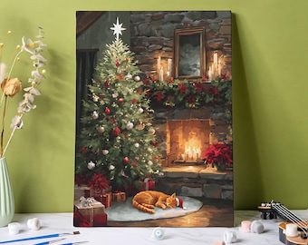 May include: A rectangular canvas painting depicting a decorated Christmas tree with a star topper, a stone fireplace with lit candles, and a sleeping orange cat wearing a Santa hat on a rug, surrounded by wrapped gifts on the floor.