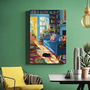 May include: A vibrant painting depicts a cozy living room scene. A blue sofa, a colorful rug, and a black cat are in the foreground. Bookshelves, a fireplace, and a window with sunlight streaming through complete the inviting interior.