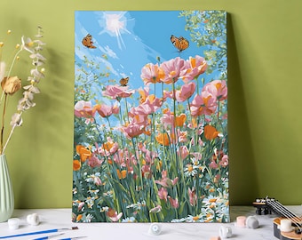 Floral Meadow Paint by Numbers Kit: DIY Butterflies, Sunshine Field Canvas Art, Beginner Friendly Paint By Number Kit Gift