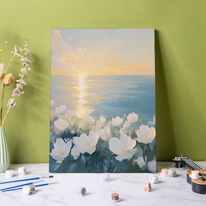 Minimalist Flowers Paint by Numbers Kit, Sunrise Ocean 24 Colors DIY Acrylic Painting Wall Art, Handmade Gift, Easy to Start