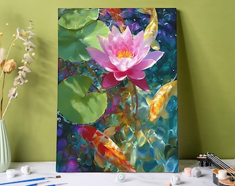 Koi Fish & Lotus Flower Paint by Numbers Kit: DIY Acrylic Painting on Canvas, Paint by Number Gift Wall Decor