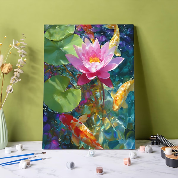 Koi Fish & Lotus Flower Paint by Numbers Kit: DIY Acrylic Painting on Canvas