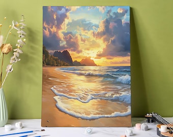Sunset Seaside Paint by Numbers Kit: DIY Acrylic Painting, Beginner Friendly Ocean Wave Paint By Number Gift for Her, Seascape Wall Decor