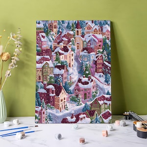 Kit de pintura por números Pueblo Invernal, Arte acrílico navideño para hacer uno mismo