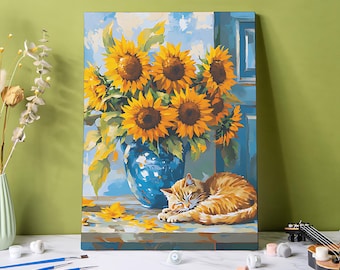 Cat & Sunflower Paint by Numbers Kit: DIY Acrylic Art, Beginner Friendly
