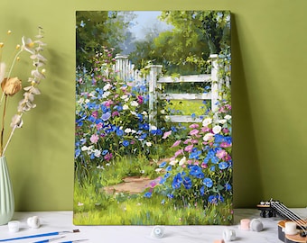 Kit de pintura por números Jardín de Glorias de la Mañana: Flores de primavera, valla, pintura acrílica DIY sobre lienzo, kit de pintura por números ideal para principiantes.