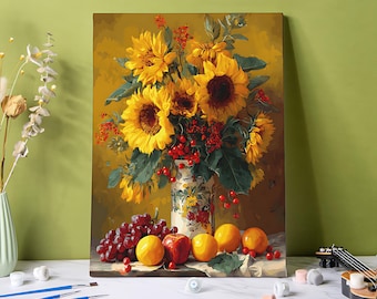 Kit de pintura por números de naturaleza muerta con girasoles - Kit de pintura DIY de frutas y flores para adultos, jarrón floral vintage con frutas Camvas Art, regalo para ella
