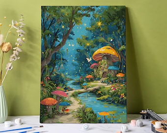 Fairy Mushroom Cottage Paint by Numbers Kit: 24 Colors DIY Acrylic Painting on Canvas, Whimsical Forest Paint By Number Wall Art Home Decor