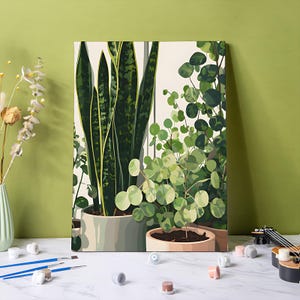 Kit per dipingere con i numeri "Natura morta con piante": dipinto fai-da-te di verde per interni con colori acrilici su tela, ideale per principianti, perfetto come regalo.