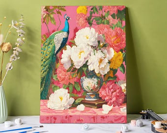 Peacock Flowers Paint by Number Kit: 24-Color DIY Canvas Art, Peacock Painting Home Wall Decor