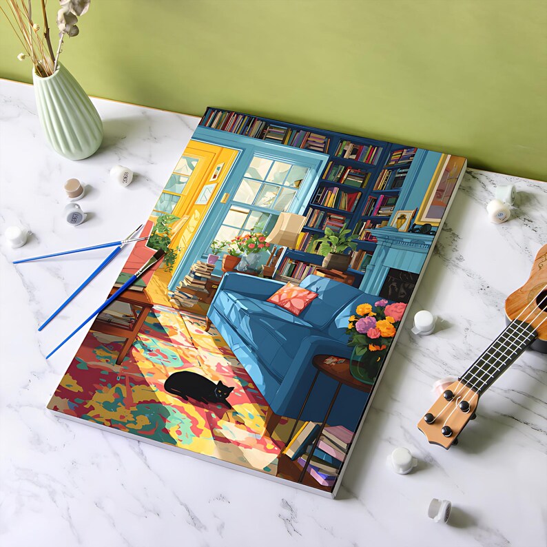 May include: A paint-by-numbers kit featuring a colorful interior scene with a blue sofa, bookshelves, and a black cat. Includes paintbrushes, paint pots, and a ukulele. The artwork depicts a cozy living room with a sunny window.