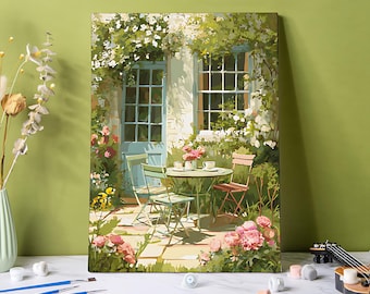 Garten Nachmittagstee Malen nach Zahlen Kit, DIY Acrylkunst auf Leinwand, Blumen Malen nach Zahlen Geschenk für Erwachsene, Leinwand Kunst Wohnkultur