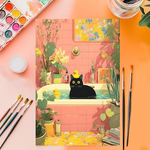May include: An illustration of a black cat in a bathtub with a rubber ducky on its head. The bathroom is decorated with plants and a yellow floral painting. Paintbrushes and a paint palette are in the foreground.