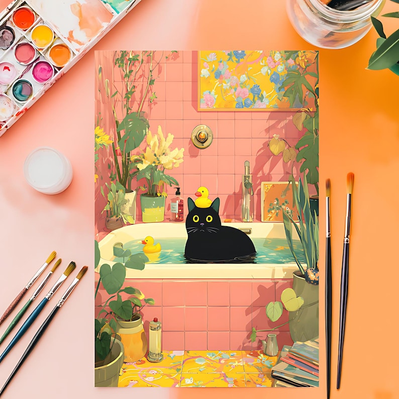 May include: An illustration of a black cat in a bathtub with a rubber ducky on its head. The bathroom is decorated with plants and a yellow floral painting. Paintbrushes and a paint palette are in the foreground.