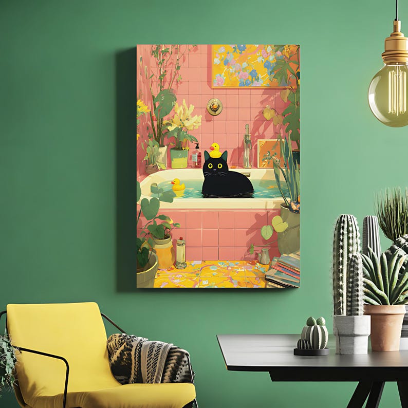 May include: A digital art print of a black cat relaxing in a bathtub filled with water. The bathroom has pink tile, plants, and a yellow patterned floor. A rubber ducky floats in the water. The cat has yellow eyes.