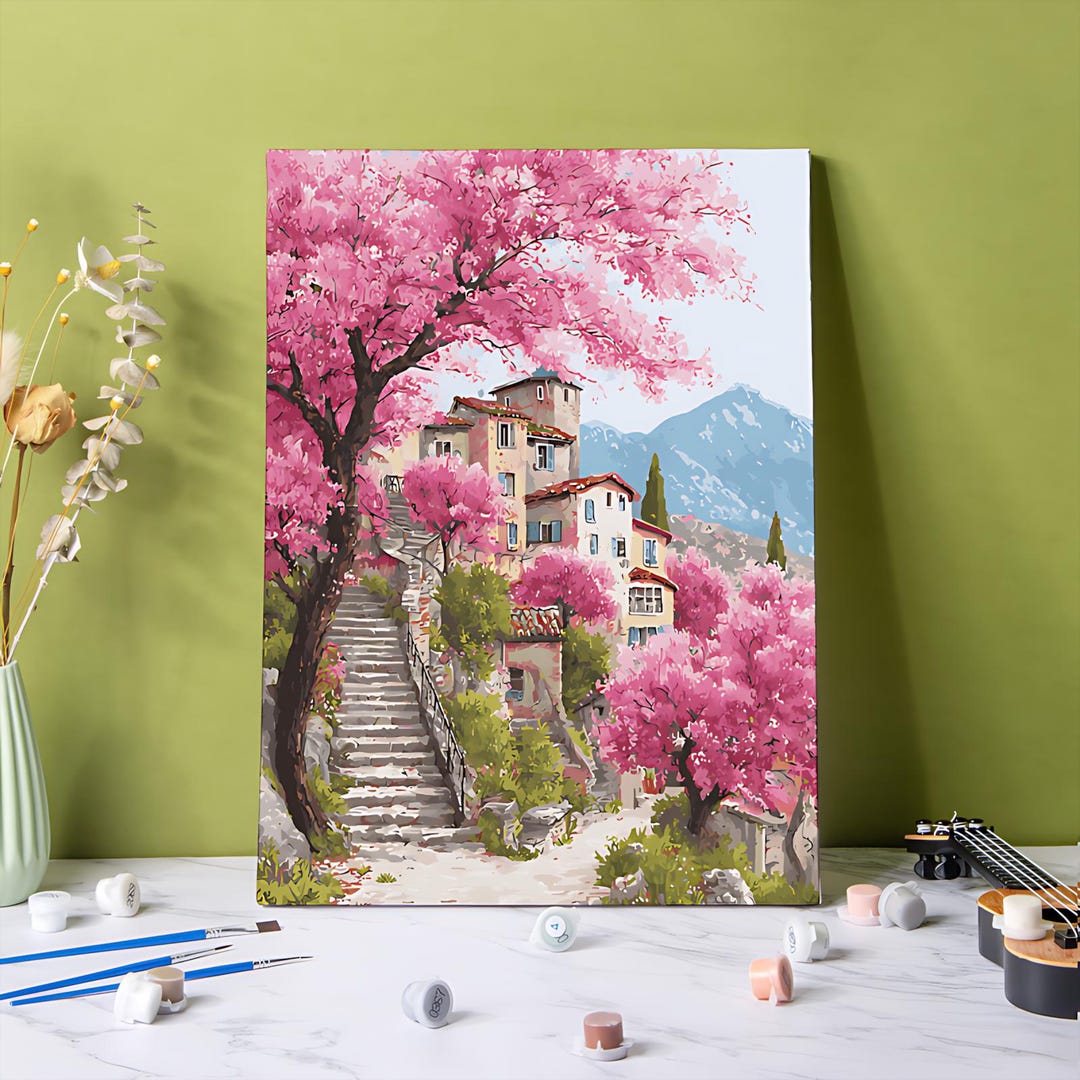 Cherry Blossom Town Paint by Numbers Kit: 24 Colors Acrylic Canvas