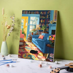 May include: A paint-by-numbers canvas depicting a cozy living room scene. The artwork features a blue sofa, a black cat, and a colorful rug. Bookshelves and a fireplace are also visible. The painting is set against a green background, with a vase of flowers and paint supplies in the foreground.
