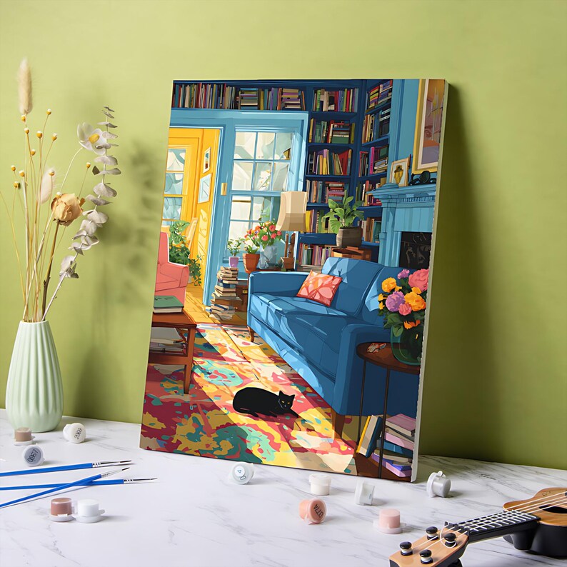 May include: A paint-by-numbers canvas depicting a cozy living room scene. The artwork features a blue sofa, a black cat, and a colorful rug. Bookshelves and a fireplace are also visible. The painting is set against a green background, with a vase of flowers and paint supplies in the foreground.