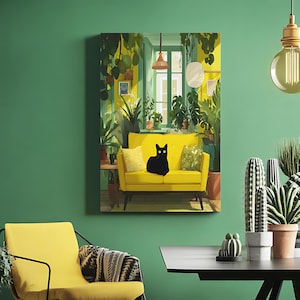 May include: A vibrant painting depicts a yellow sofa with a black cat, surrounded by lush green plants. The artwork features a bright, sunny interior with a window and hanging plants, creating a cozy, inviting atmosphere. The painting is set against a green wall.