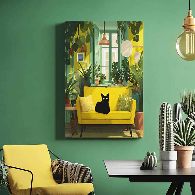 May include: A vibrant painting depicts a yellow sofa with a black cat, surrounded by lush green plants. The artwork features a bright, sunny interior with a window and hanging plants, creating a cozy, inviting atmosphere. The painting is set against a green wall.