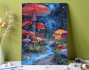Enchanted Mushroom Path Paint by Number Kit: Whismical DIY Acrylic Painting Canvas Wall Art, Fairy Paint By Numbers Gift Home Decor