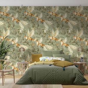 Magical Fox Wallpaper – Fantasy Woodland Mural, Mystical Animal Wall Decor Peel and stick Wallpaper, Canvas Wallpaper, Non Woven Wallpaper