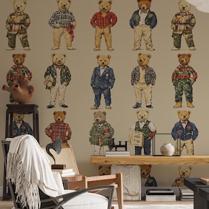 Schicke Teddybär-Mode-Tapete - stilvolle Bärencharakter-Wand-Wandbild Schälen und aufkleben Tapete, Leinwand-Tapete, Vliestapete