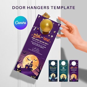 Puede incluir: Plantilla de colgador de puerta morada con temática de Halloween con un castillo espeluznante, murciélagos y una luna llena. El texto dice "Trick or Treat" y "Need more square feet?" con información de contacto de un agente inmobiliario.