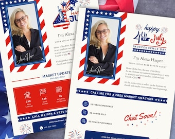 Folleto para agentes inmobiliarios del 4 de julio, marketing inmobiliario, folleto del Día de la Independencia, folleto de agricultura de verano para agentes, carta inmobiliaria, Canva