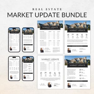 May include: A real estate market update bundle featuring digital templates for mobile phones and printed flyers. The designs include a house photo, market statistics, listing tables, and contact information for a real estate agent named Anna Hope.