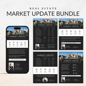 May include: A black and white real estate market update bundle with a photo of a house on each page. The bundle includes a mobile version and a printable version. The text on the page includes the number of homes sold, the average price, and the number of days on market. The text also includes the real estate agent's name and contact information.