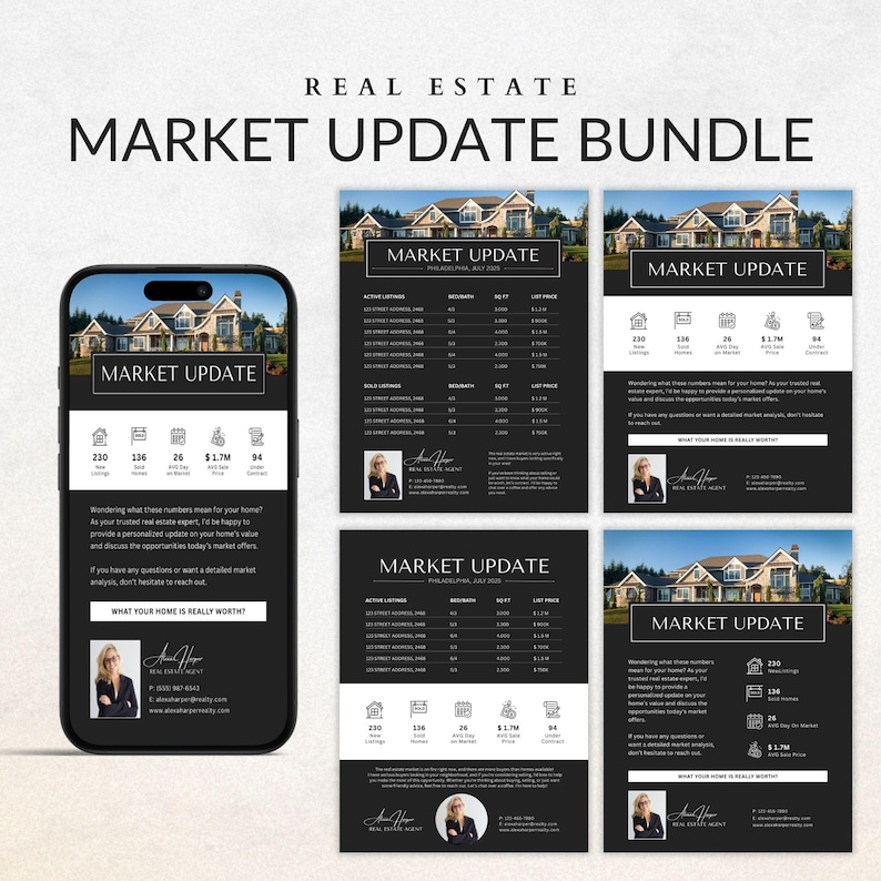 Peut inclure: Un ensemble de mise &agrave; jour du march&eacute; immobilier en noir et blanc avec une photo d'une maison sur chaque page. L'ensemble comprend une version mobile et une version imprimable. Le texte sur la page comprend le nombre de maisons vendues, le prix moyen et le nombre de jours sur le march&eacute;. Le texte comprend &eacute;galement le nom et les coordonn&eacute;es de l'agent immobilier.